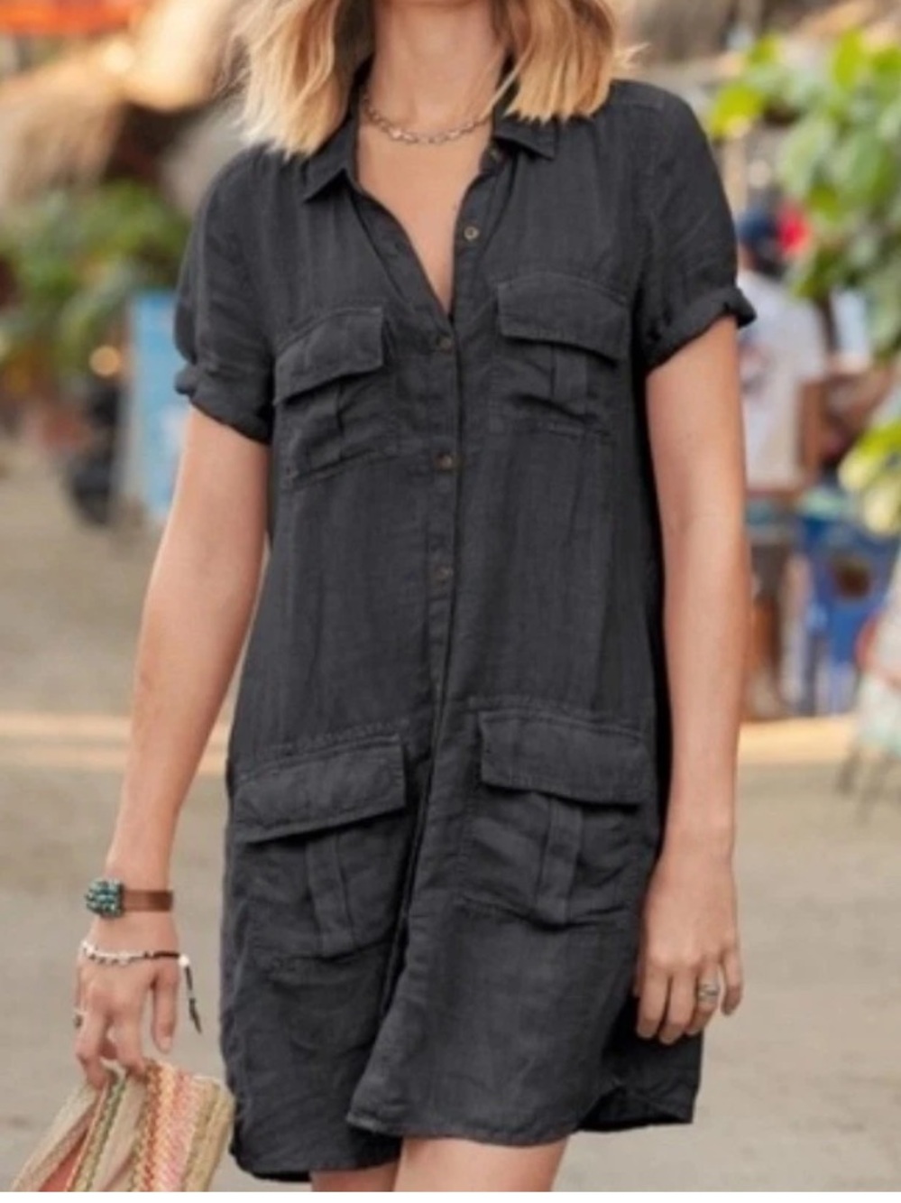 Sundance Harper Garment Dyed Linen Utility Dress Shirt S